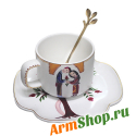 Фарфоровая чайная чашка "Влюбленная пара" с блюдцем и ложкой