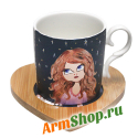 Чайная фарфоровая чашка "Найденный сон" с деревянным блюдцем