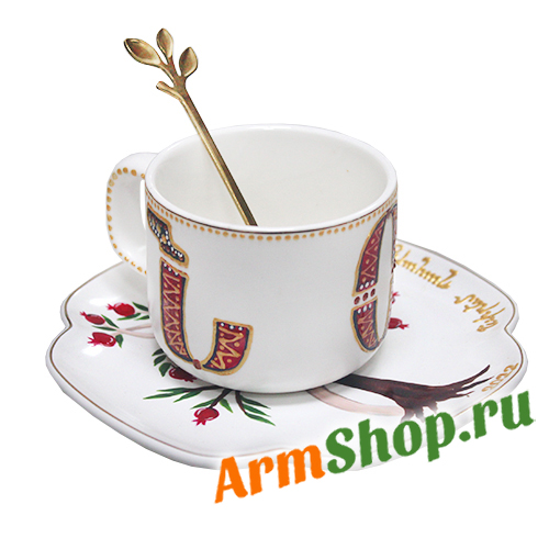 Фарфоровая чайная Чашка с блюдцем и ложкой любая роспись на заказ