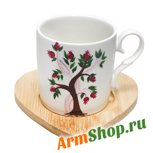 Фарфоровая чайная чашка "Древо жизни" с деревянным блюдцем